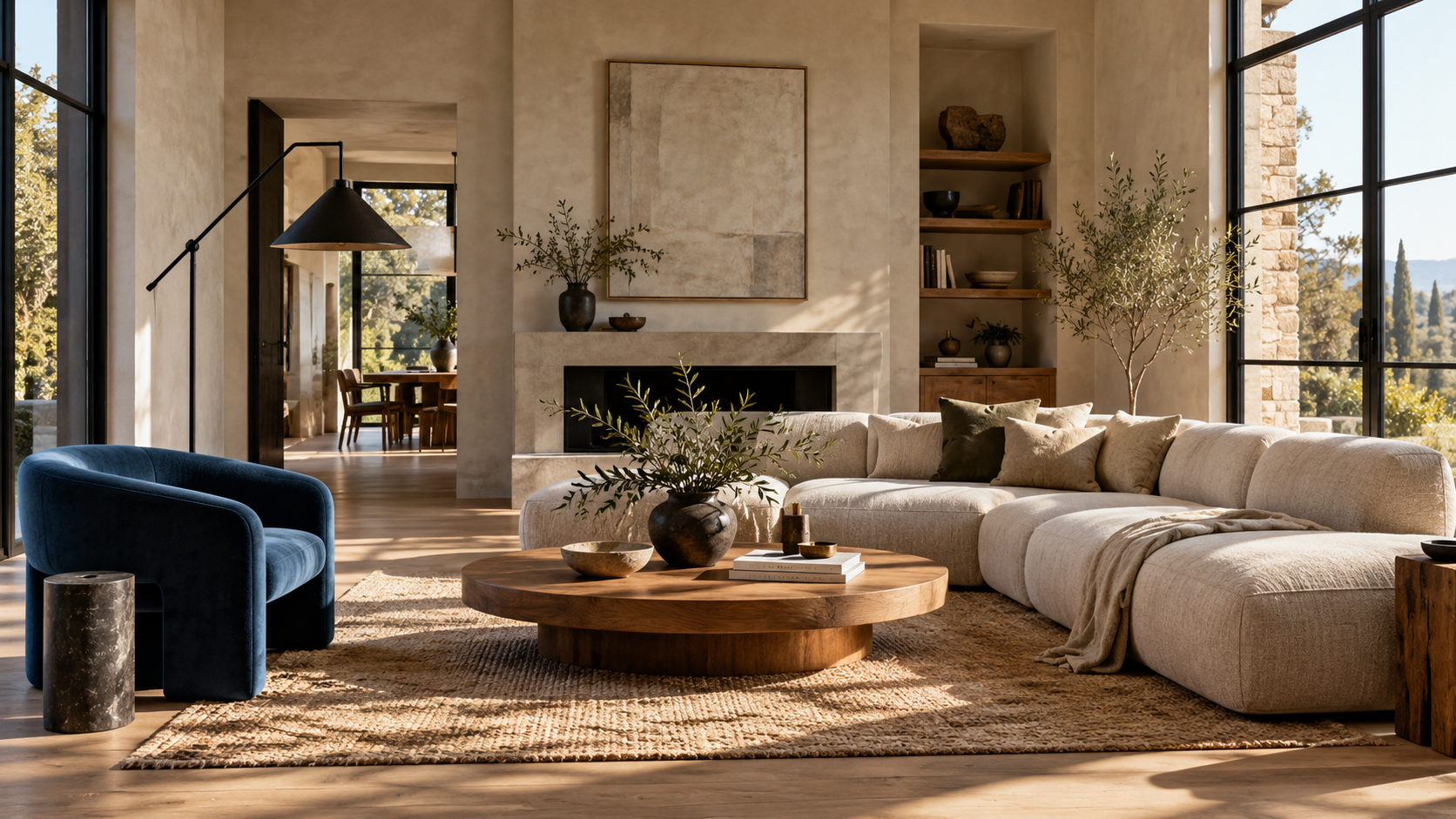 AI-generated interior concept with cream seating, a round wood table, blue chairs, and tall windows.